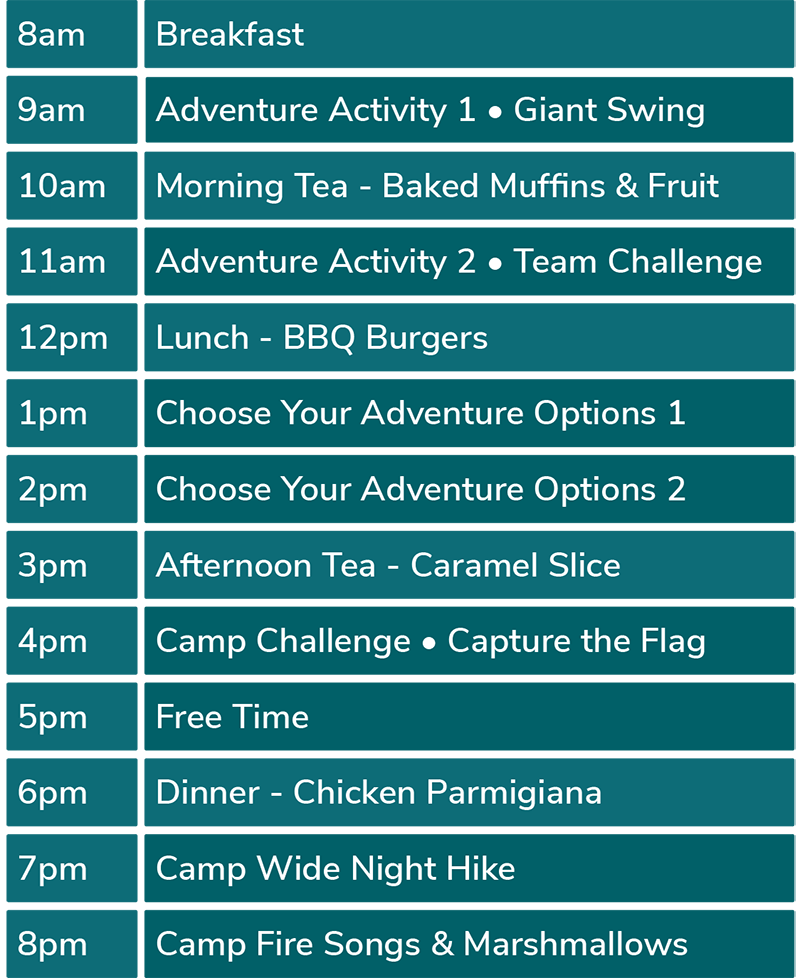 example schedule of a day at holiday camps at Golden Valleys with activities and meals included.