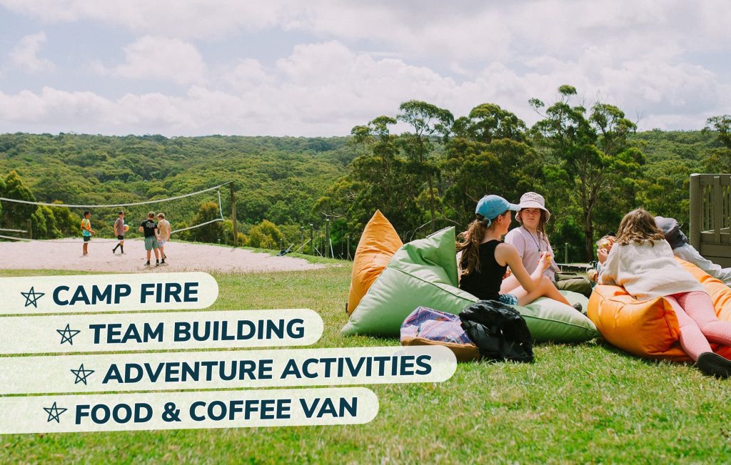 Young people sitting on the grass and playing volleyball in the background. Words saying camp fire, team building, adventure activities, food and coffee van.