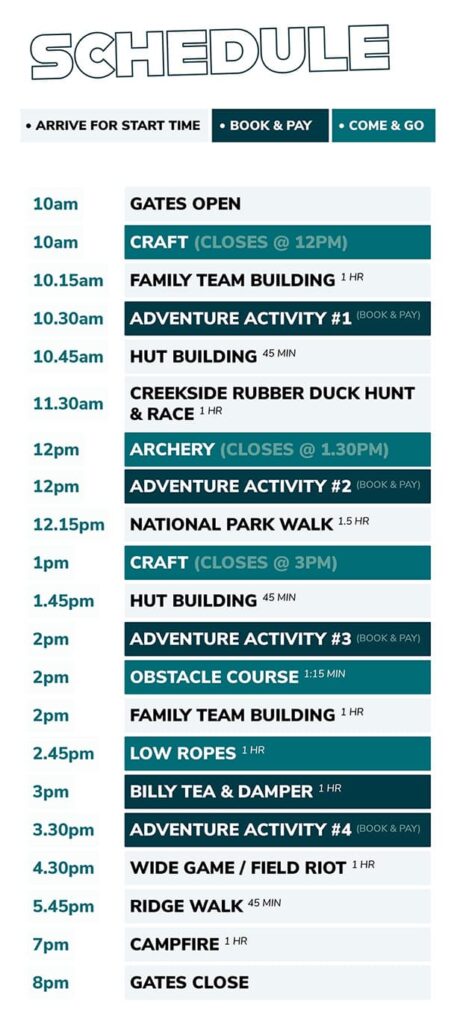 family open day schedule for family adventures and activities