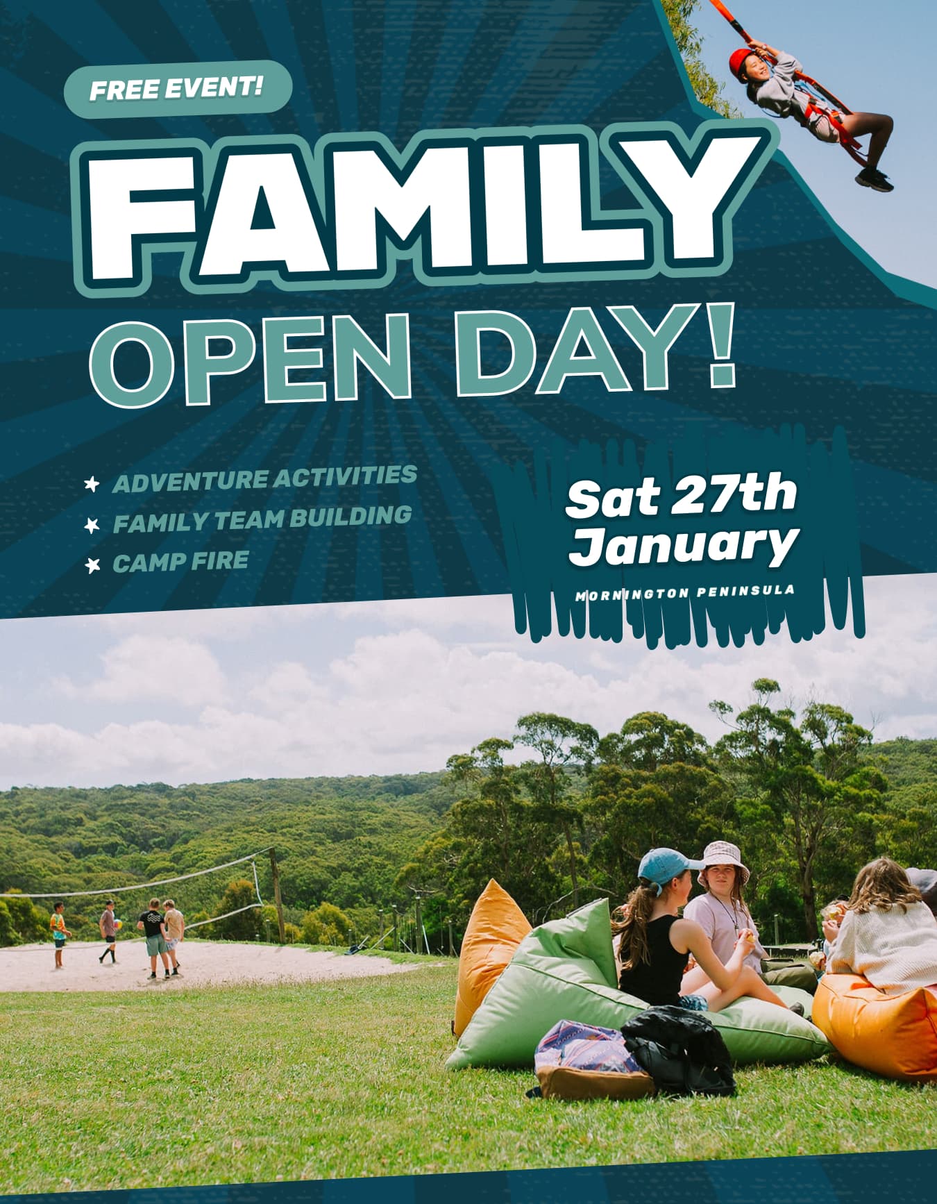 Banner with text Family Open Day at Golden Valleys Adventure Camp. Adventure for the whole family. Stay for an hour or stay for the day.