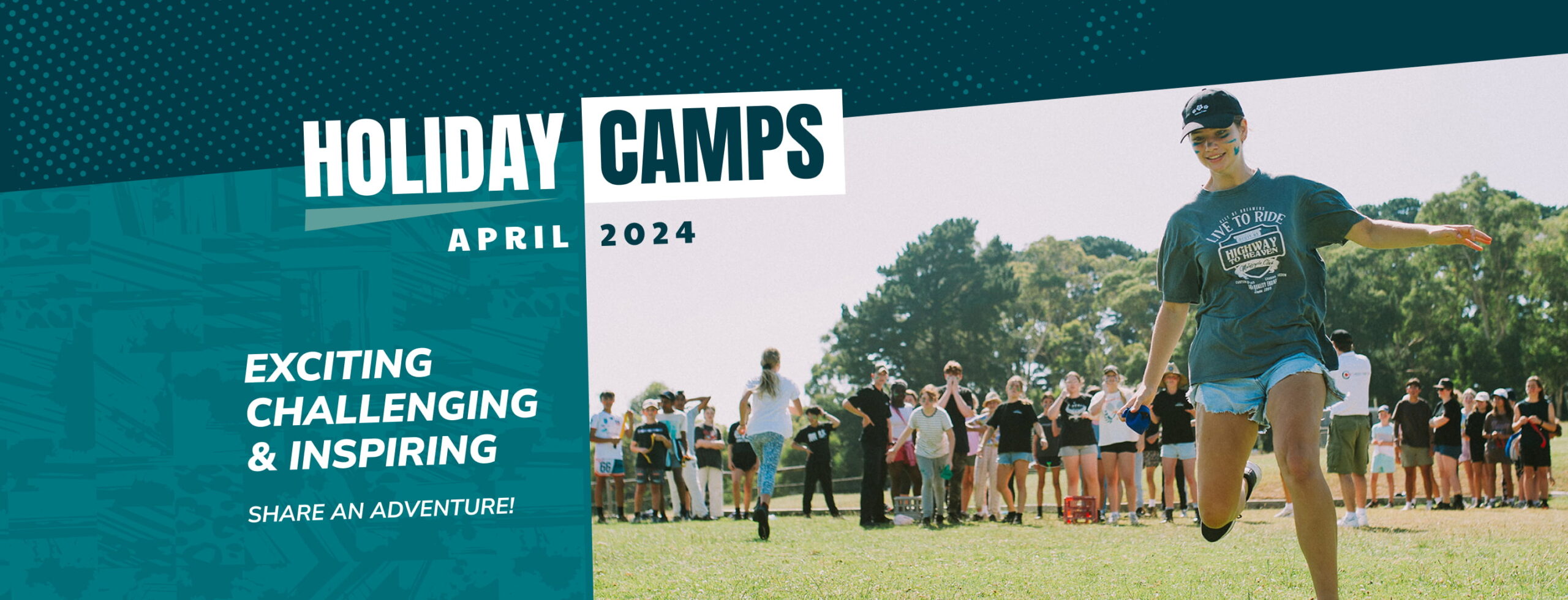 April Holiday camps web banner with holiday camps logo, April 2024 & the text EXCITING, CHALLENING, INSPIRING. Next to a girl with blue face paint playing field games at Holiday camps on the Mornington Peninsula