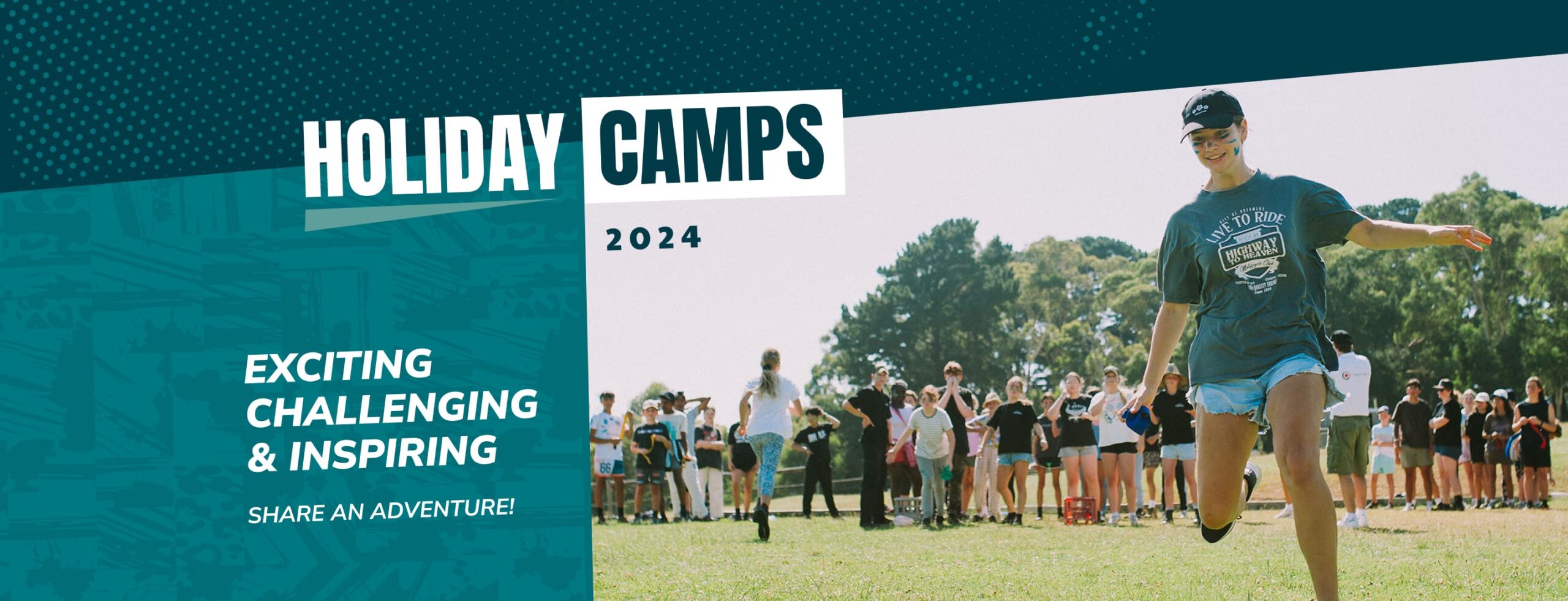 Holiday camps web banner with holiday camps logo, 2024 & the text EXCITING, CHALLENING, INSPIRING. Next to a girl with blue face paint playing field games at Holiday camps on the Mornington Peninsula
