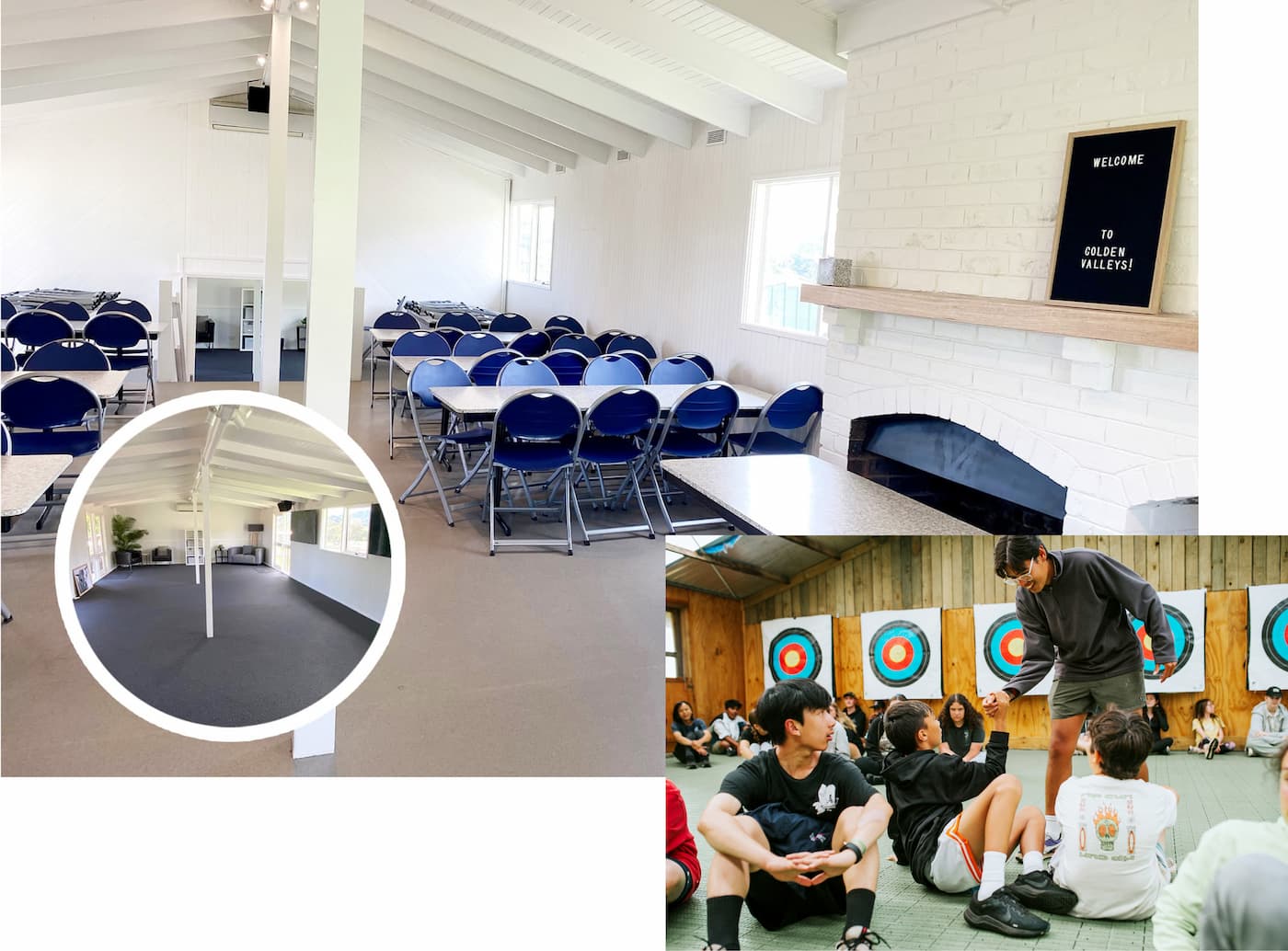 picture of the camp dining room and barn with school campers utilising larges spaces with catering and room to play.